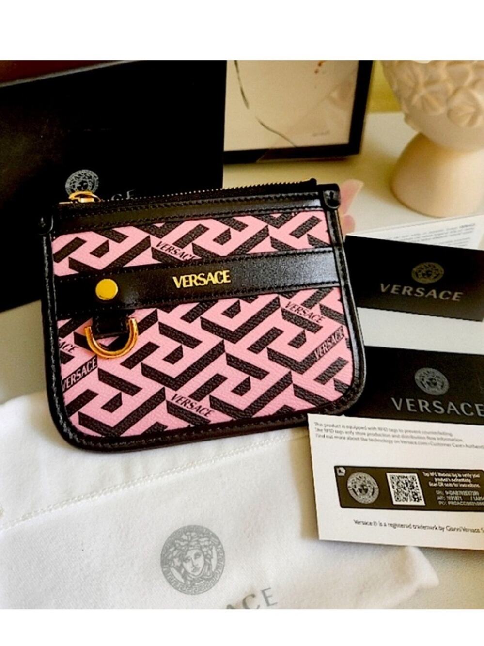Authentic Versace Pink x Black La Greca Pouch Belt Wallet FULL INCLUSION
